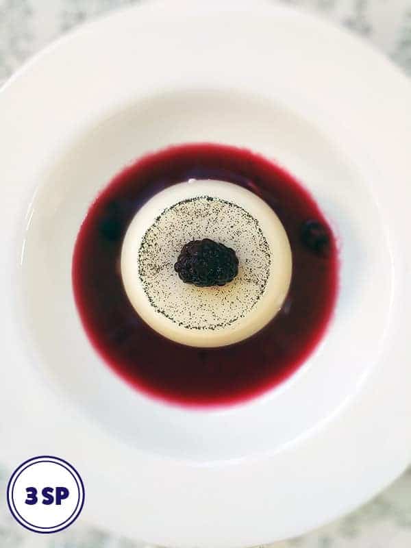 A top down shot of milk jelly with berry coulis