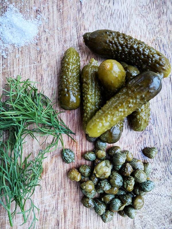 Top down photo of ingredients to make tartar sauce