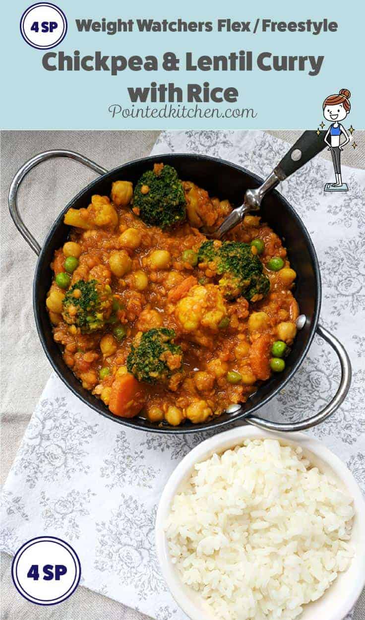 A bowl of chickpea and lentil curry with a bowl of white rice