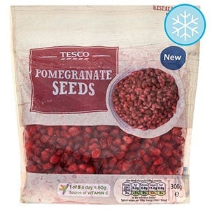 A packet of tesco frozen pomegranate seeds