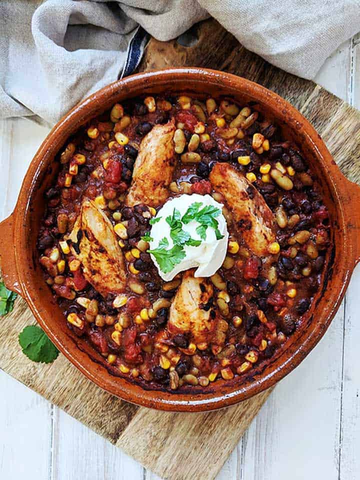 Chipotle chicken casserole in a brown dish