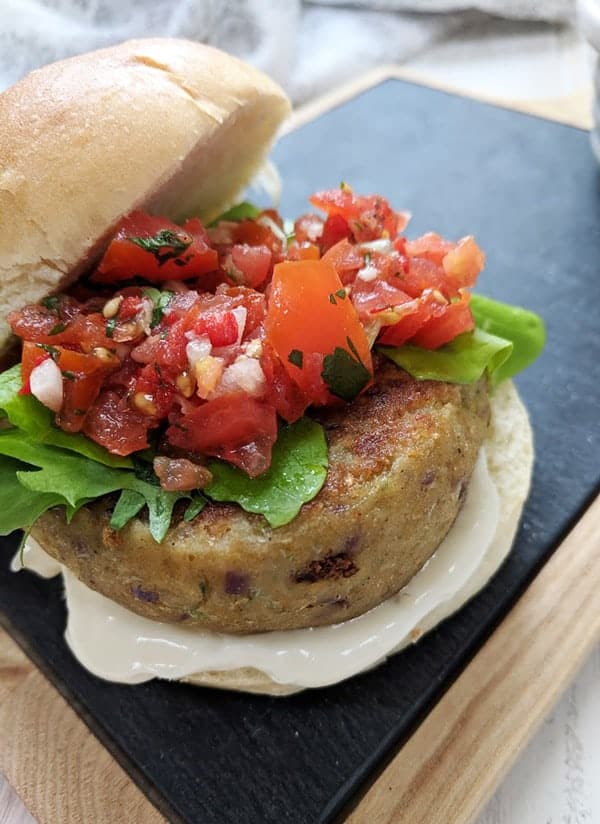 A close up of a falafel burger