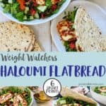 A bowl of salad and halloumi cheese with seeded flatbreads