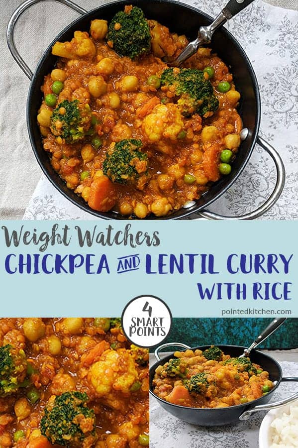 A bowl of chickpea and lentil curry with a bowl of rice