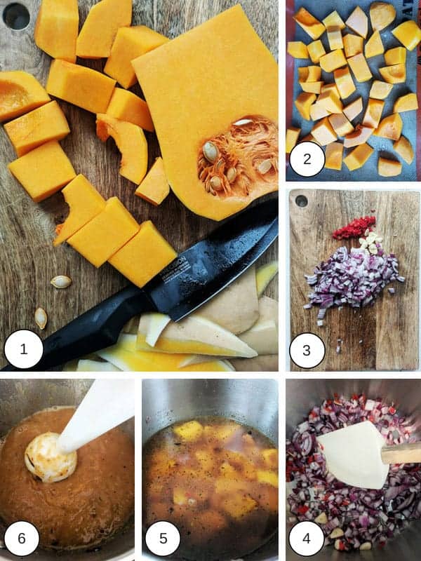 A collage of pictures about how to make butternut squash & red chilli soup