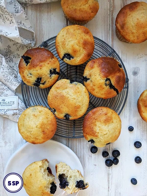 Blueberry muffins on a cooling rack