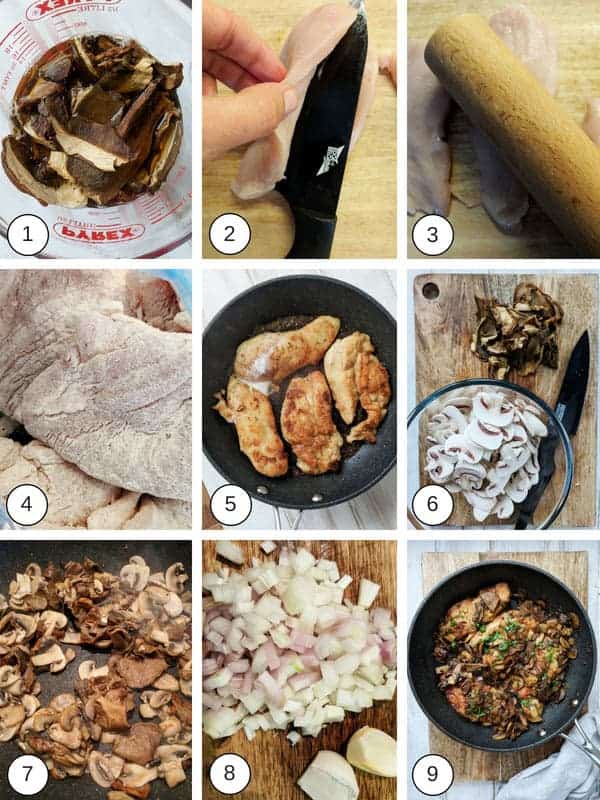 A collage of process photos on how to make chicken marsala