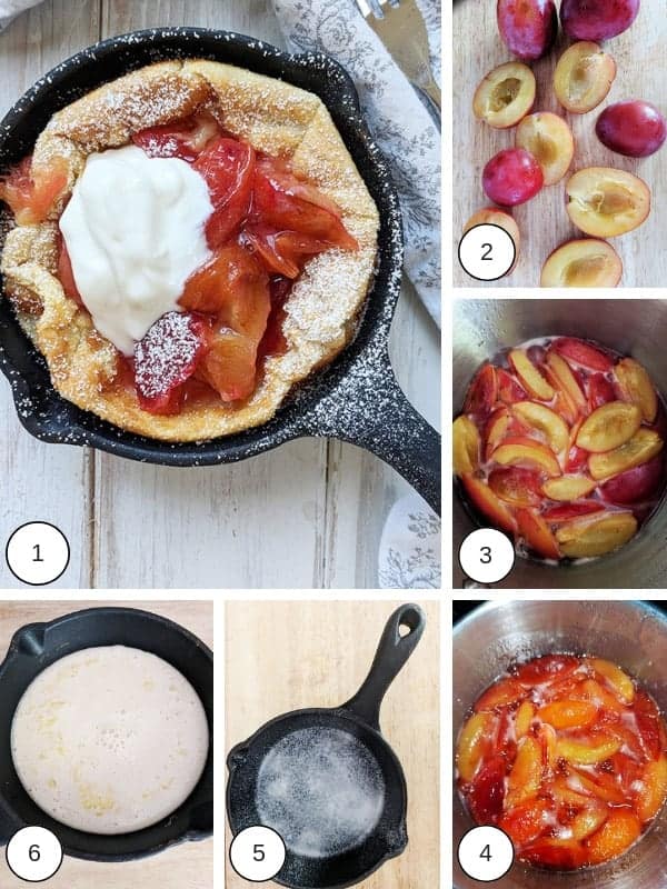 A picture collage of how to make dutch baby pancakes