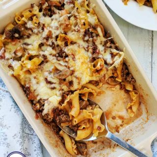 A dish of pasta bolognese bake