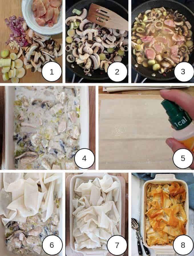 Pictures of the process of making chicken leek and mushroom pie