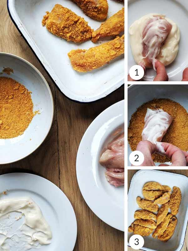 Process photographs of how to make chicken tenders