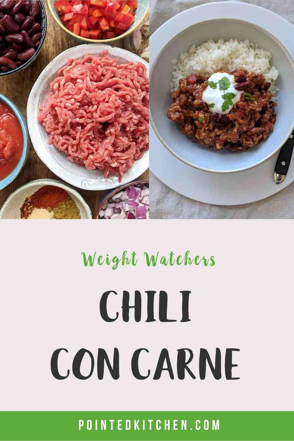 A white bowl filled with chili con carne & rice topped with yogurt and green herbs