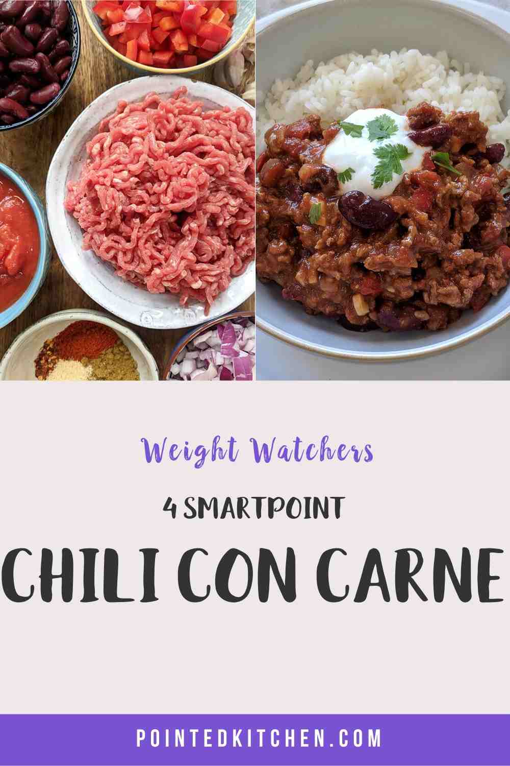 A white bowl filled with chili con carne & rice topped with yogurt and green herbs