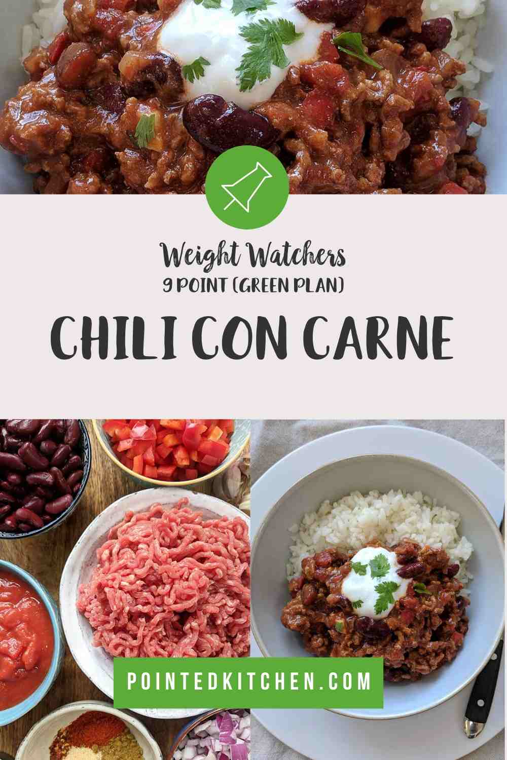 A white bowl filled with chili con carne & rice topped with yogurt and green herbs