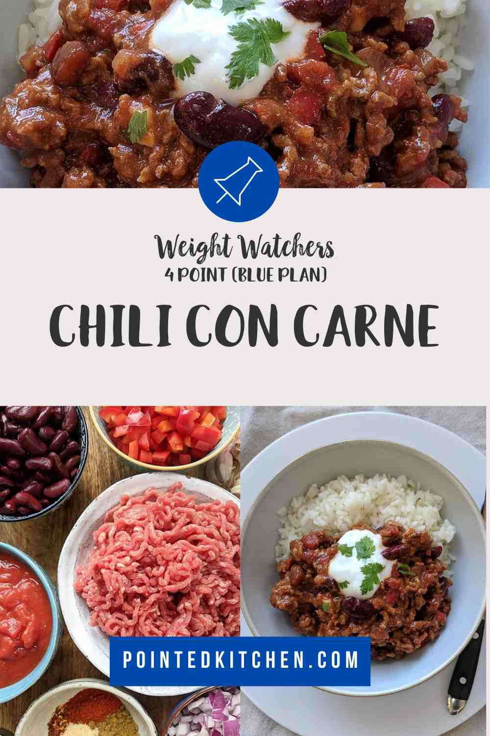 A white bowl filled with chili con carne & rice topped with yogurt and green herbs