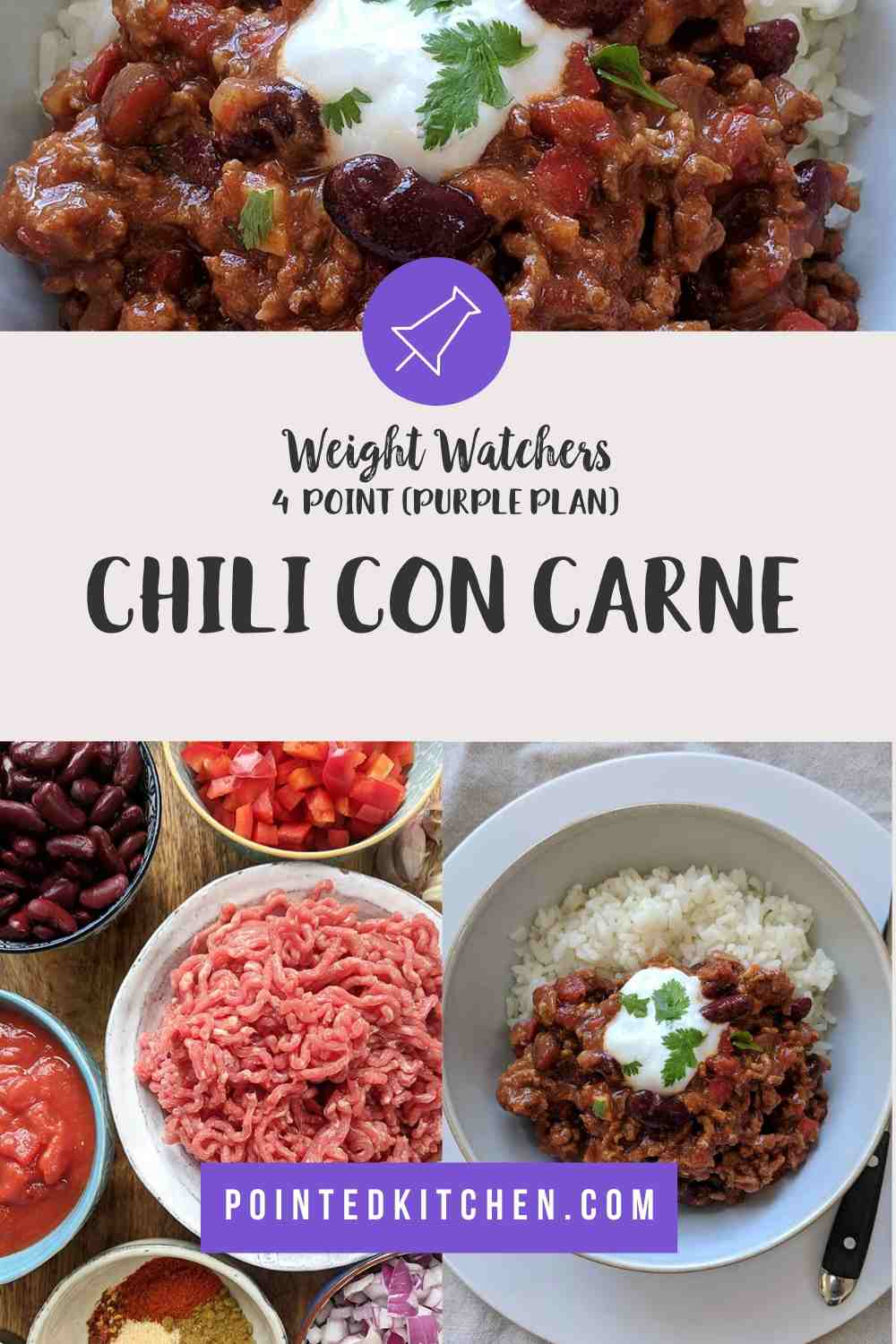 A white bowl filled with chili con carne & rice topped with yogurt and green herbs