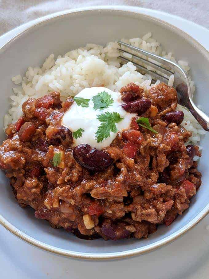 Chilli con carne and rice