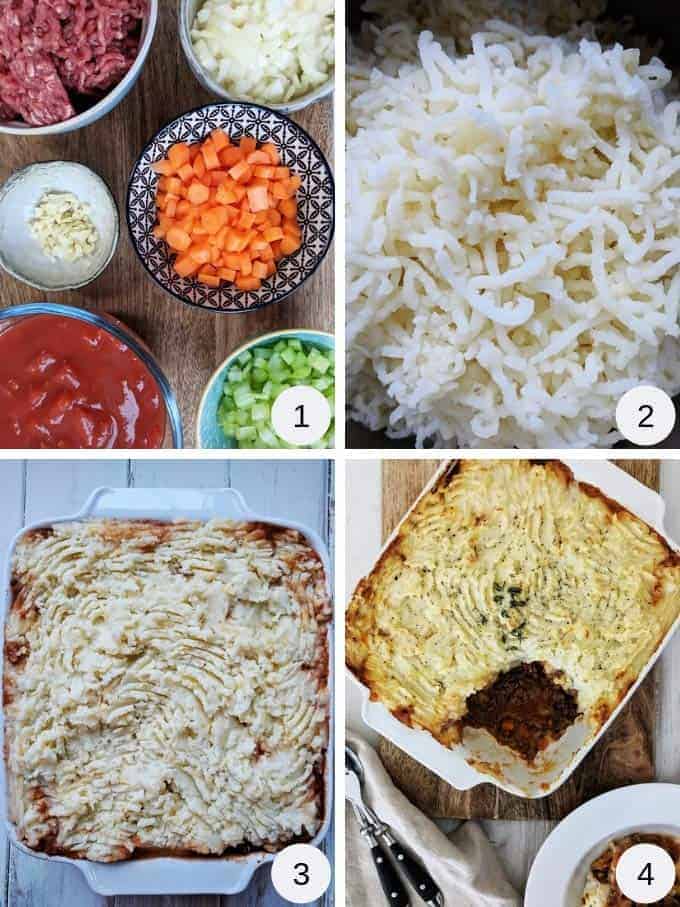 Process photographs of making cottage pie
