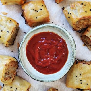 A tray of sausage rolls