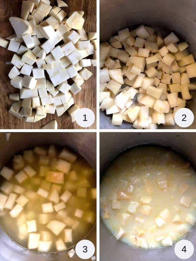 A collage of photos showing celeriac soup being prepared. 