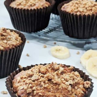 A close up of the streusel topping on a banana muffin