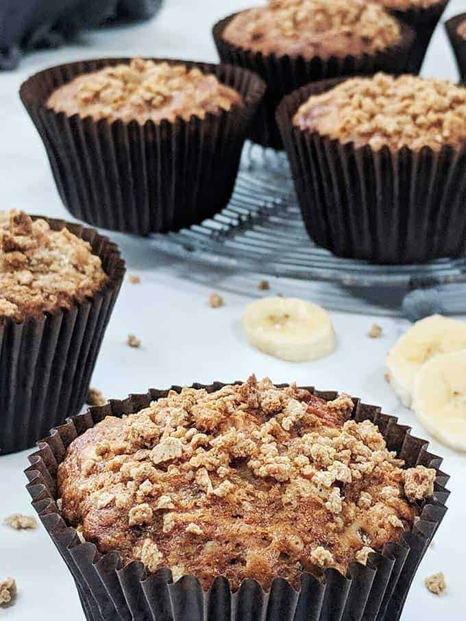 A close up of the streusel topping on a banana muffin
