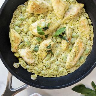 A skillet of Weight Watchers Creamy Pesto Chicken