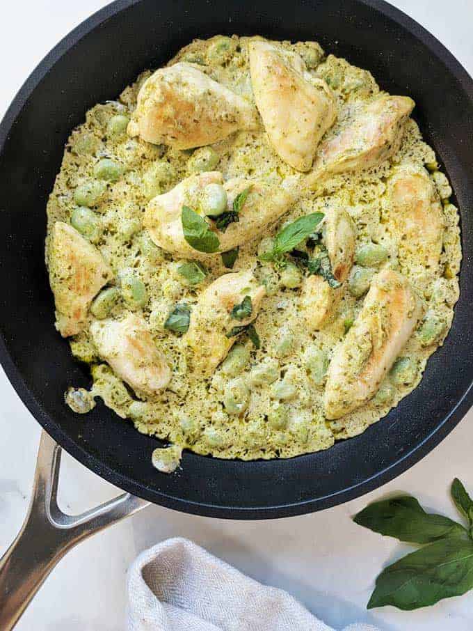 A skillet of Weight Watchers Creamy Pesto Chicken