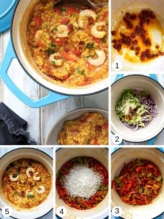 Pictures of making shrimp, chorizo and red pepper paella