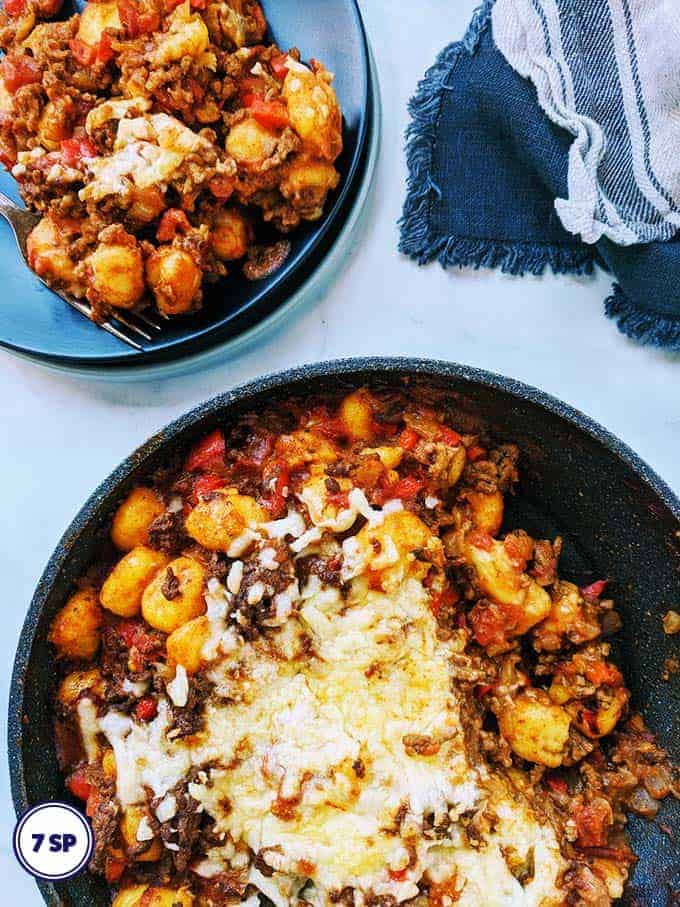 A skillet of spicy ragu gnocchi