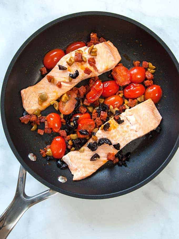 A pan of chorizo salmon