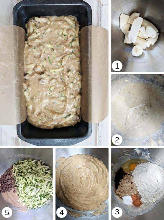 Photographs of making Choc Chip Zucchini Bread