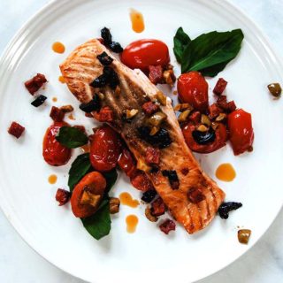 Chorizo Salmon on a white plate