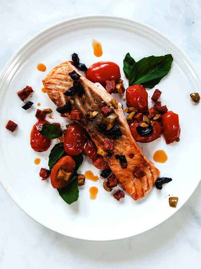 Chorizo Salmon on a white plate