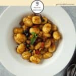 A white bowl of gnocchi pesto a 9 Smart Point Weight Watchers recipe.