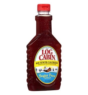 A bottle of Log Cabin sugar free syrup