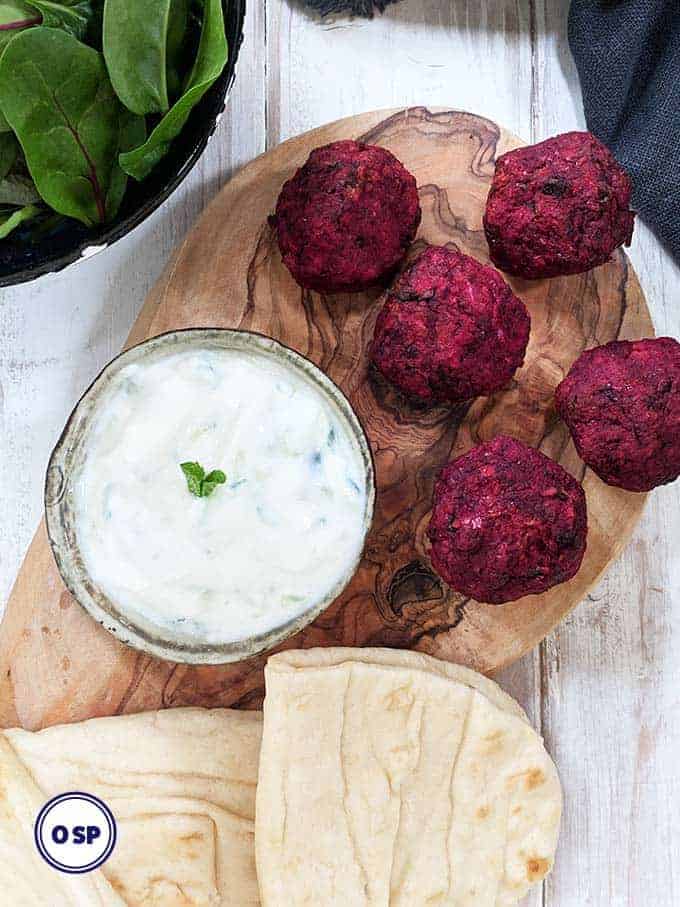 Beetroot falafels with tzatziki and flatbreads
