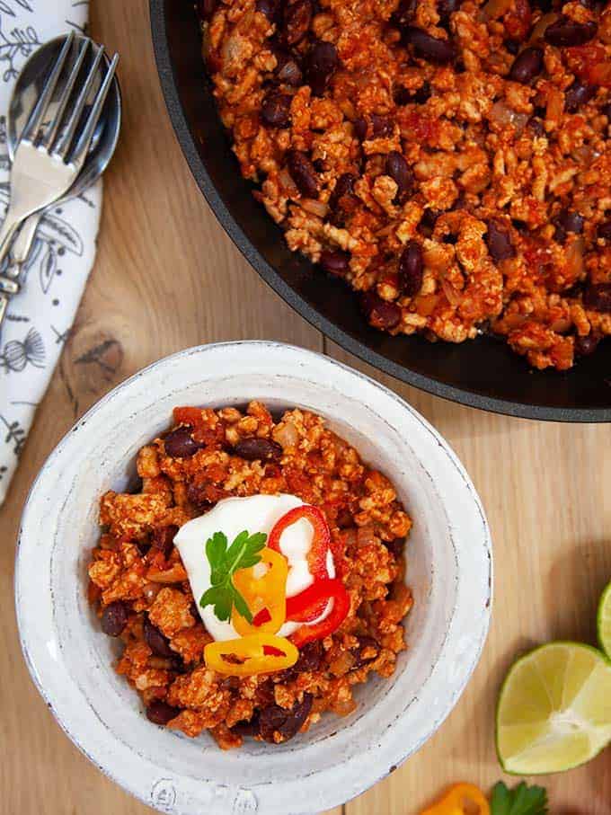 A bowl of Weight Watchers zero point chili on a table