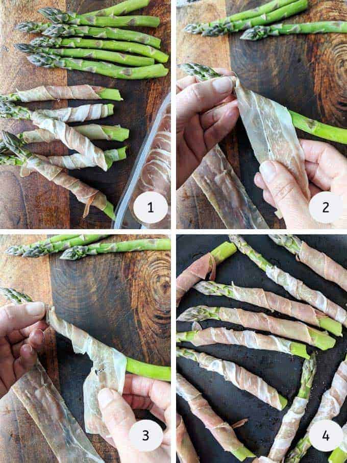 Pictures of how to wrap prosciutto around asparagus