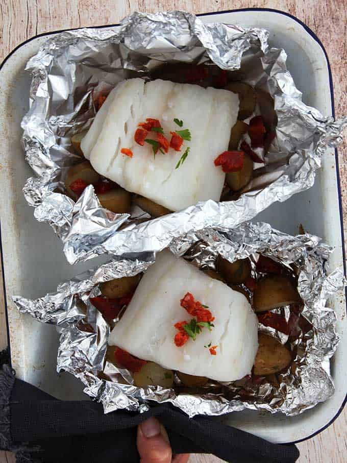 Cod, chorizo and new potato in foil parcels