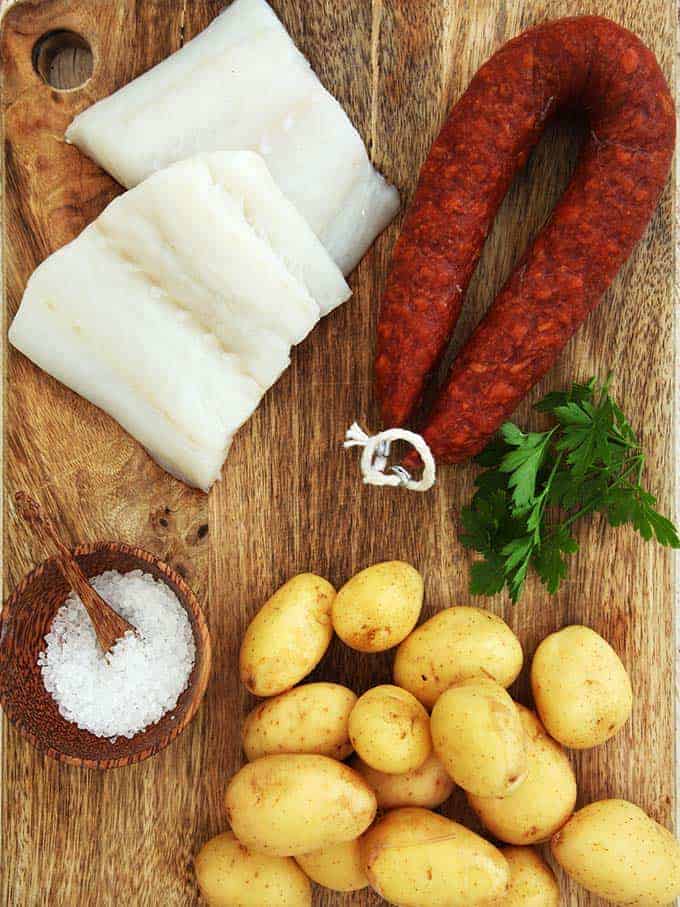 Ingredients used in the baked cod, chorizo and new potato recipe