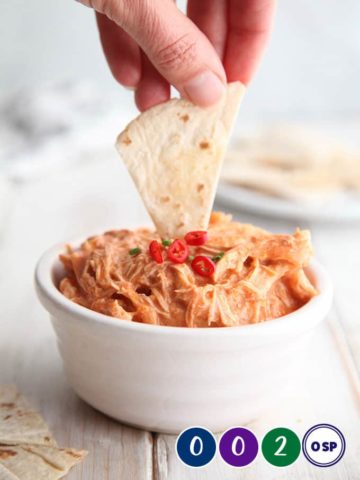 A bowl of buffalo chicken dip with WW smartpoint values