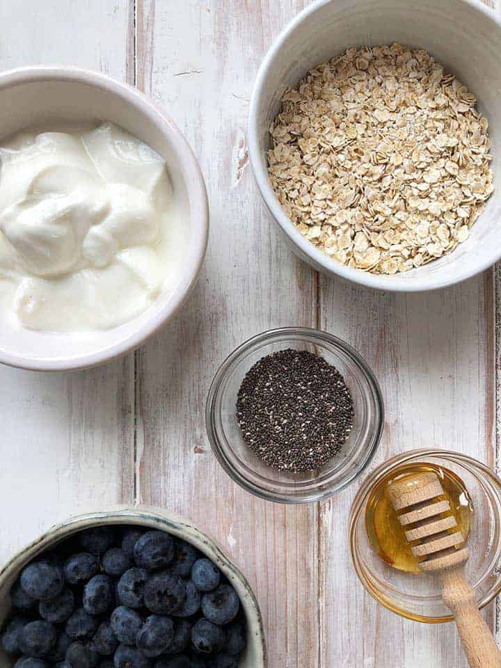 Ingredients to make blueberry and chia seed overnight oats