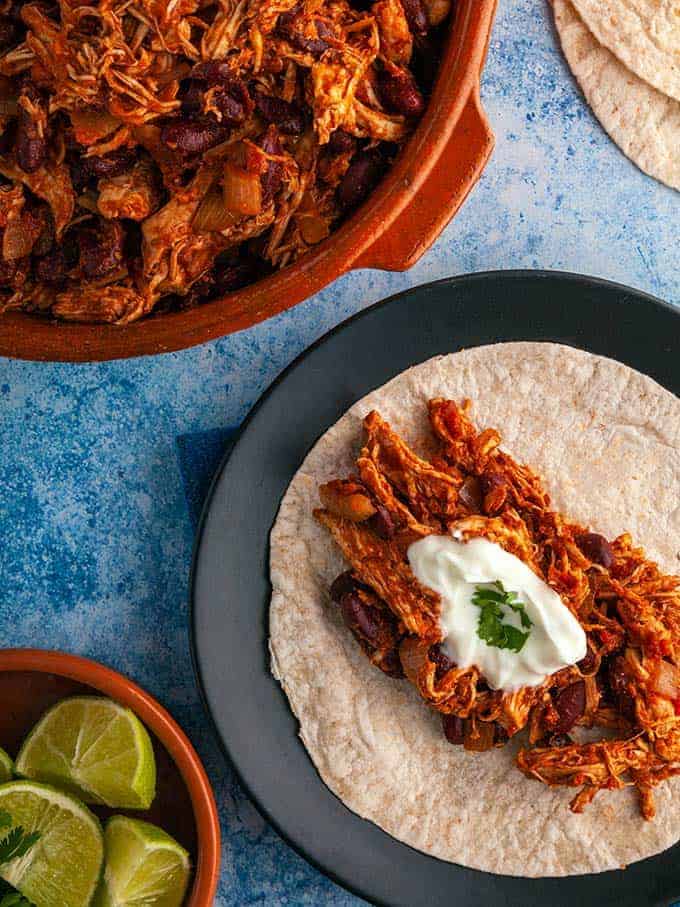 A dish of Mexican Mole with a tortilla