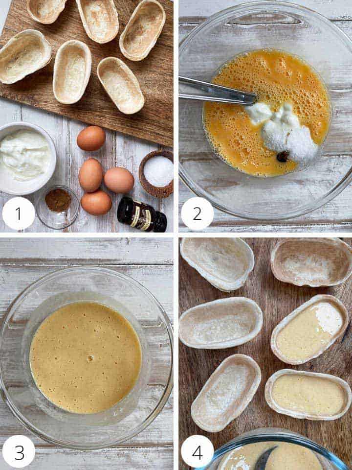 Collage of pictures of making custard tarts
