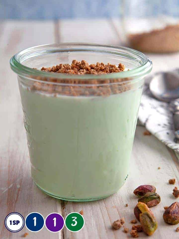 A jar of pistachio crunch with SmartPoint totals