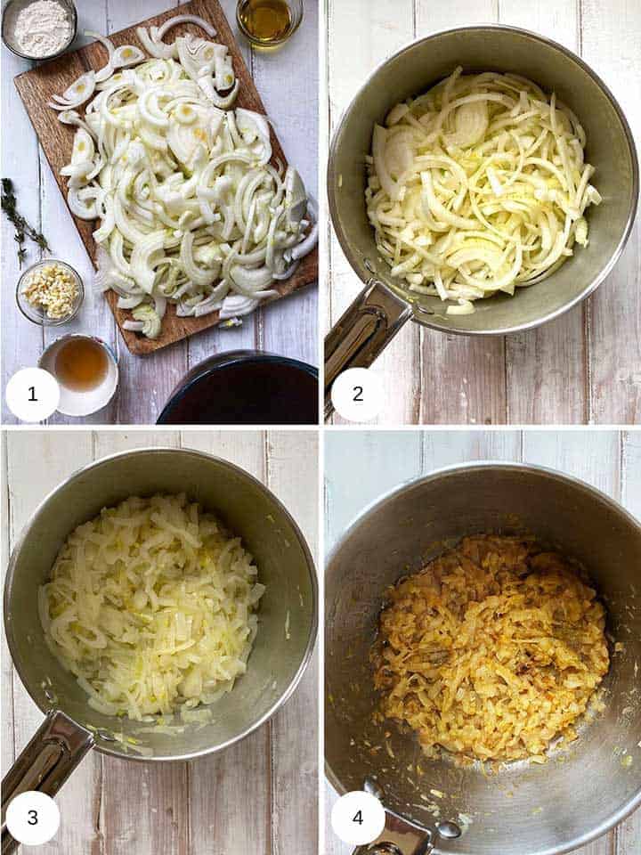 Collage of photos of making french onion soup