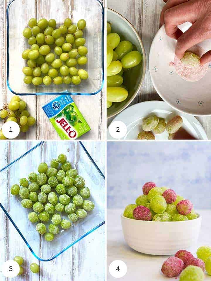 Pictures showing the process of making jello grapes