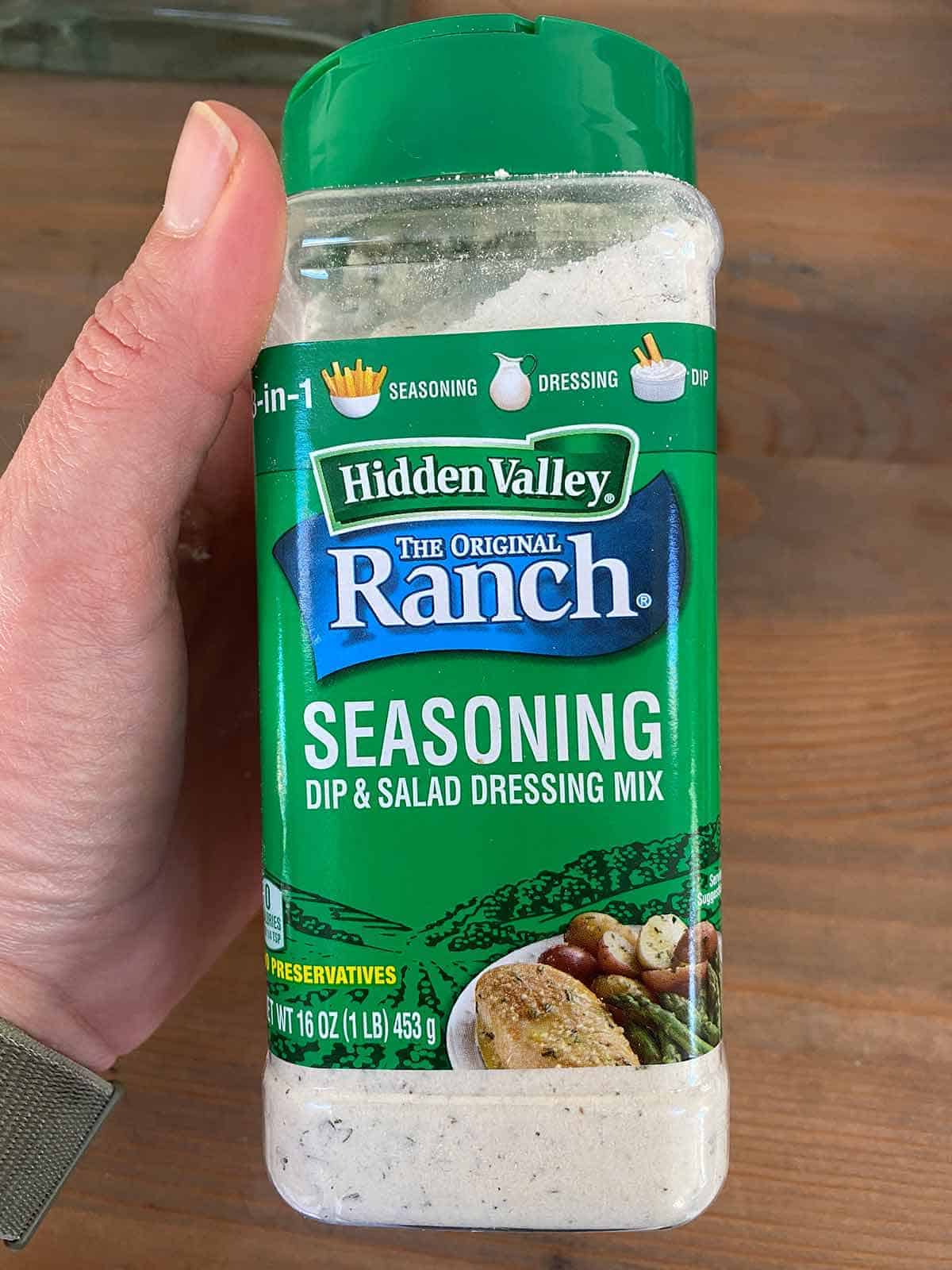 A container of Hidden Valley Ranch Seasoning