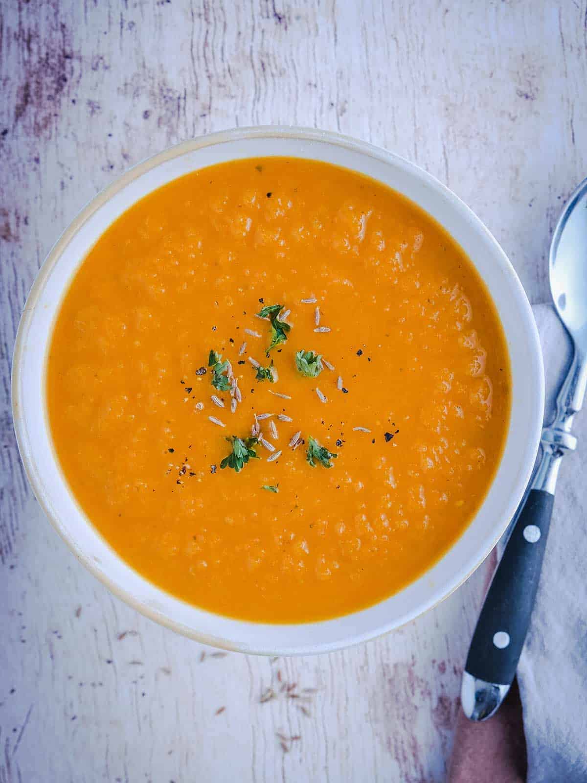 A bowl of WW Carrot & Ginger Soup